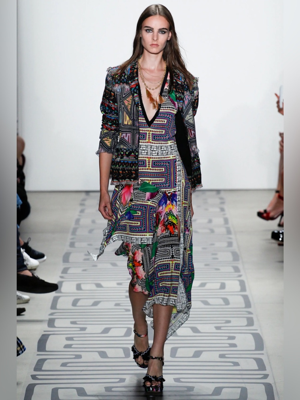 Nicole Miller Multicolor Geo & Floral High-Low V-Neck Silk Dress with Black Trim
